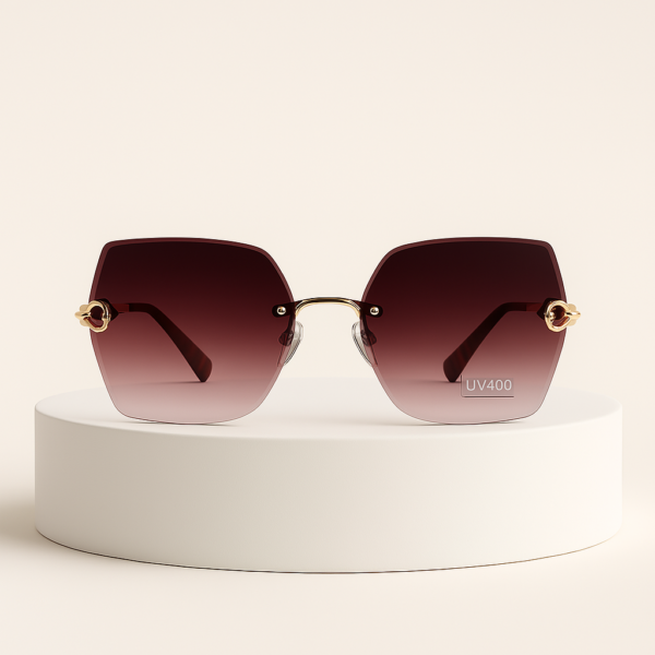 Lunettes de soleil sans monture carrées – Verres dégradés bordeaux & branches dorées