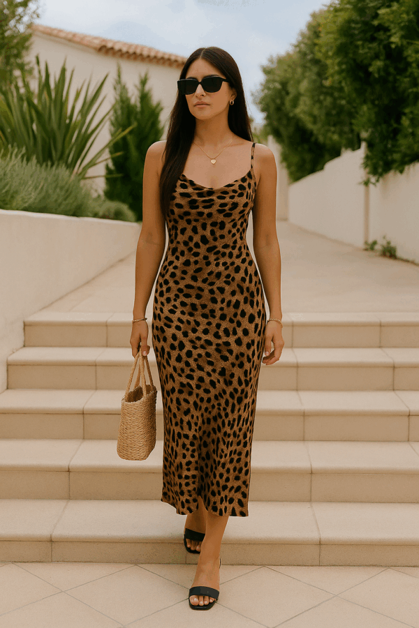 Robe Midi à Bretelles Imprimé Léopard