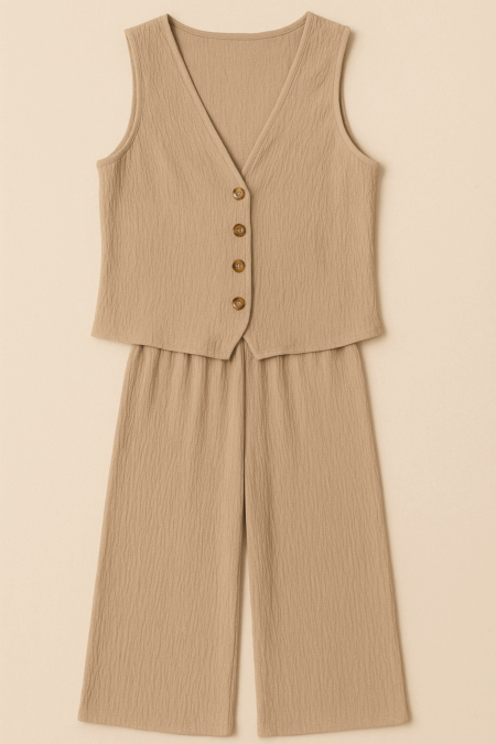 Ensemble gilet boutonné & pantalon large plissé