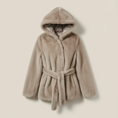 Blouson en fausse fourrure à capuche avec ceinture