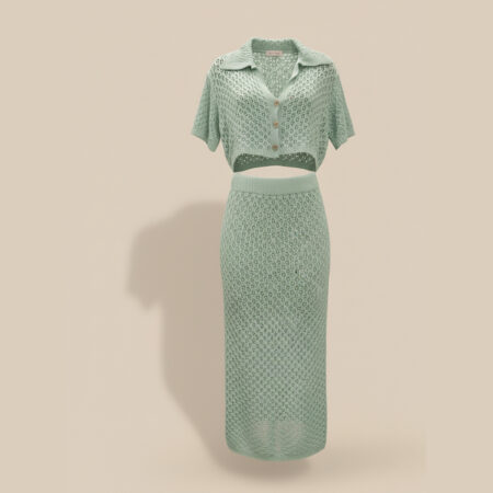 Ensemble crochet deux pièces : top boutonné & jupe midi
