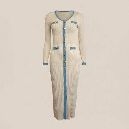 Robe longue côtelée boutonnée – encolure ronde