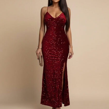 Robe longue à sequins avec fente